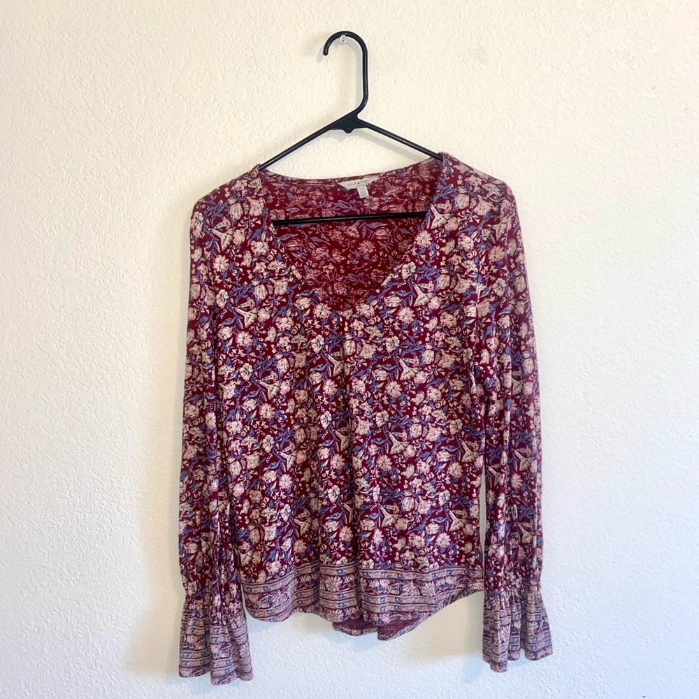 Lucky Brand Bell Sleeve Burgundy Floral Top
